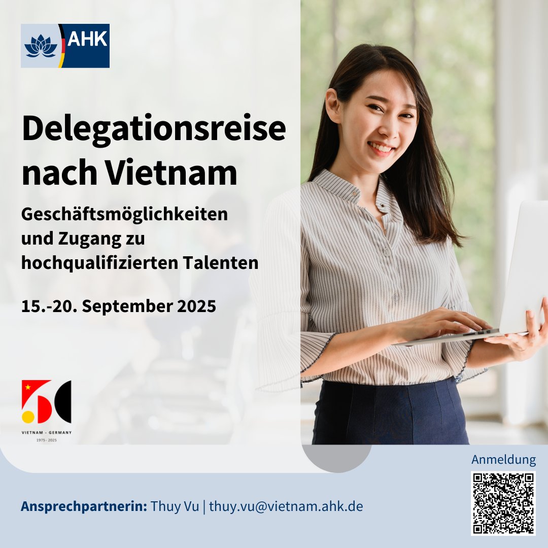 Delegation nach Vietnam: Geschäftsmöglichkeiten und Zugang zu hochqualifizierten Talenten: vietnam.ahk.de/veranstaltunge…
#GeschäftInVietnam #DeutscheIndustrie #Talententwicklung #VietnamChancen #AHKVietnam #GermanCareerDay #Networking #Wachstum #Südostasien