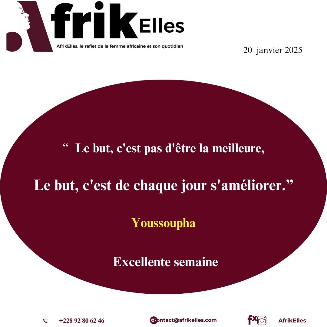 Le but n'est pas d'être la meilleure, le but, c'est de chaque jour s'améliorer. 
C'est sur cette exhortation de l'artiste Youssoupha extrait de son nouveau morceau "Dieu est grande" que nous vous souhaitons une excellente semaine de travail. 

#modaymotivation 
#AfrikElles