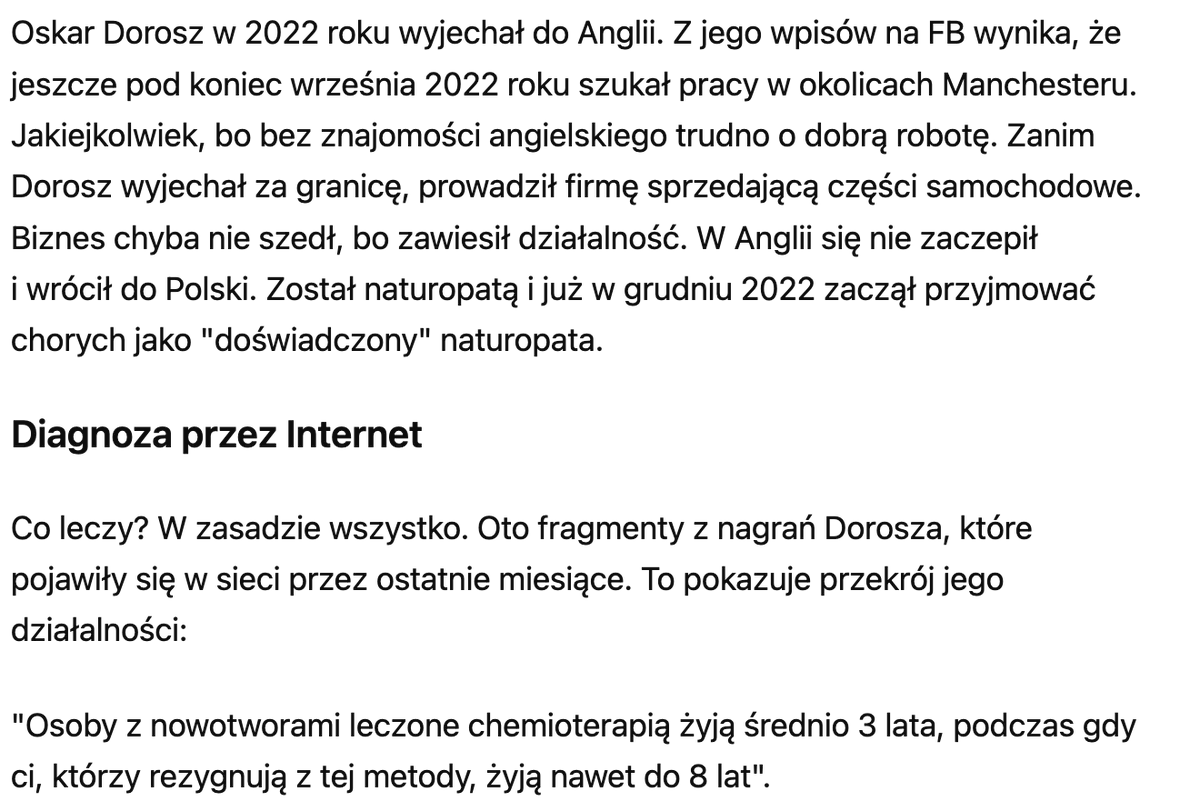 Porażająca lektura. Czy naprawdę państwo polskie jest tak bezsilne? Muszą umierać ludzie aby doczekać się reakcji? 
Oskar Dorosz - samozwańczy "lekarz" szarlatan. 
wiadomosci.wp.pl/szarlatan-z-in…