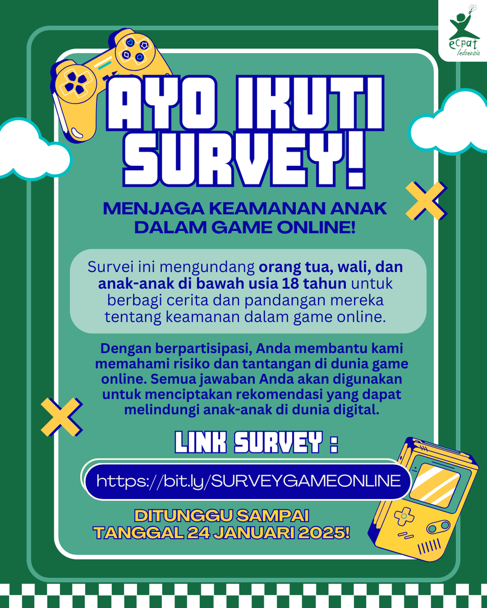 📢 Halo teman-teman!

Kami sedang melakukan survei tentang pengalaman dan keamanan anak dalam bermain game online. Survei ini ditujukan untuk:
1️⃣ Orang tua atau wali yang memiliki anak di bawah 18 tahun yang bermain game online.
2️⃣ Anak-anak atau remaja di bawah usia 18 tahun