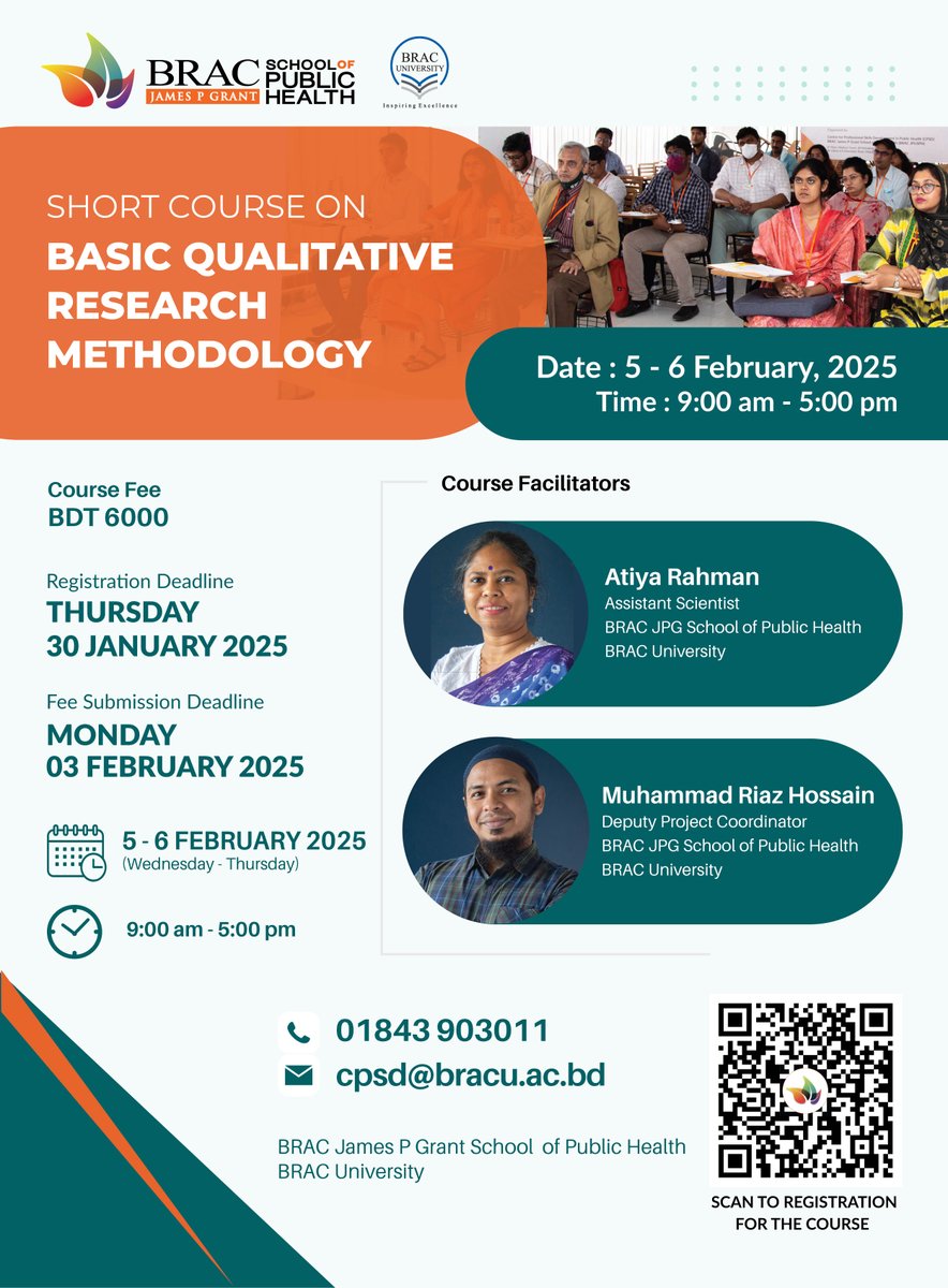 📢 2-day in-person short course on 'Basic Qualitative Research Methodology'
🗓️ Date: 5-6 February 2025 

👉 Register Now: cutt.ly/6e3STnD7 
Details: cutt.ly/Le3STDj3 
Registration Deadline: Thursday, 30 January 2025