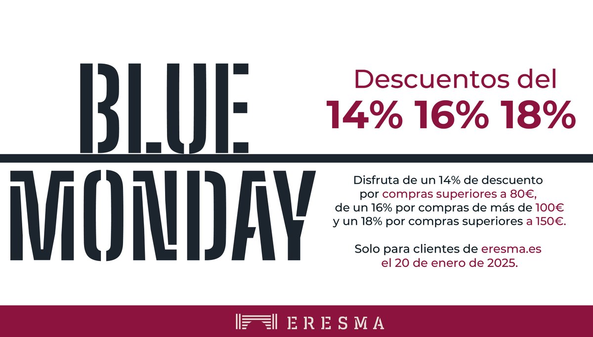 ¿Blue Monday? 😭
En Eresma te alegramos el lunes 😃con descuentos del 14%, 16% y 18% por compras superiores a 80, 100 y 150€, respectivamente.

🛒eresma.es