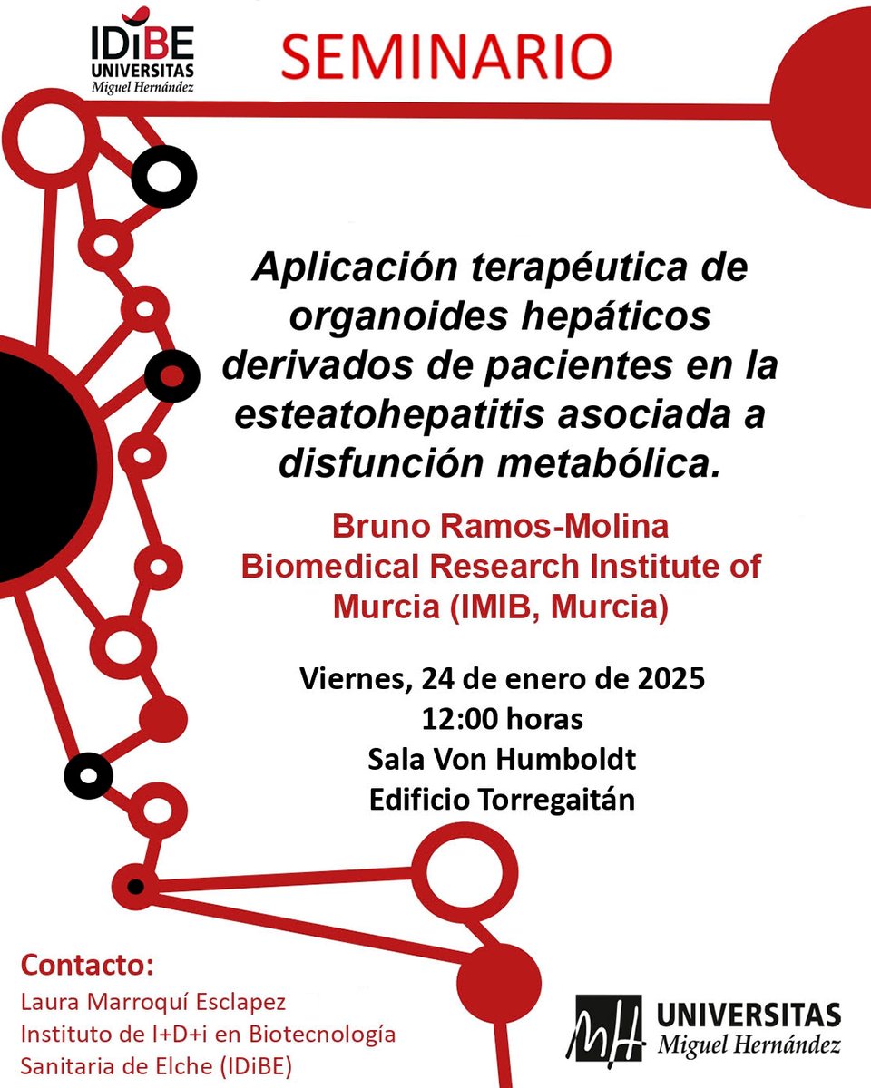 mbiotingUMH's tweet image. Este viernes 24, a partir de las 12:00, tendrá lugar el seminario &quot;Aplicación terapéutica de organoides hepáticos derivados de pacientes en la esteatohepatitis asociada a disfunción metabólica&quot;. Será impartido por Bruno Ramos-Molina, del @IMIB_RMurcia tinyurl.com/4jf6ak9k
