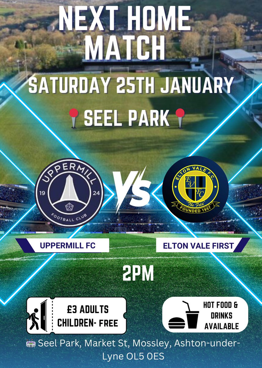 Uppermill FC (@uppermill_fc) on Twitter photo ๐จ NEXT HOME MATCH ๐จ
๐๐ SEEL PARK
๐<a href="/EltonValeFC/">Elton Vale FC</a>
๐ Sat 25th
โฐ 2PM
๐ฒ Hot food available
๐ป Bar open
See you there โฝ๏ธ ๐จ NEXT HOME MATCH ๐จ
๐๐ SEEL PARK
๐<a href="/EltonValeFC/">Elton Vale FC</a>
๐ Sat 25th
โฐ 2PM
๐ฒ Hot food available
๐ป Bar open
See you there โฝ๏ธ