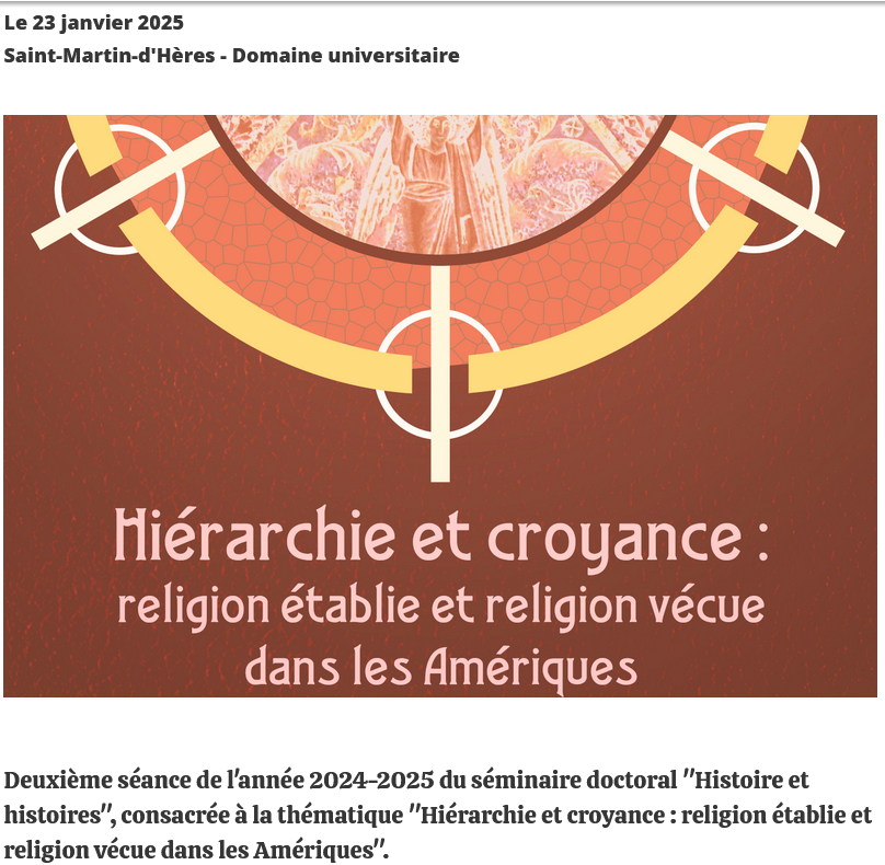 Séminaire doctoral
📷Histoire et histoires", consacrée à la thématique "Hiérarchie et  croyance.📷

📆23 janvier 2025
🧭Salle 225 - Tour Irma
⏰15h30 - 17h30
📷 ZOOM  : bit.ly/3CbTOkL
📷 ID de la réunion : 976 6760 4226
📷MDP : 589366
📷 Infos : bit.ly/4h4nZto
