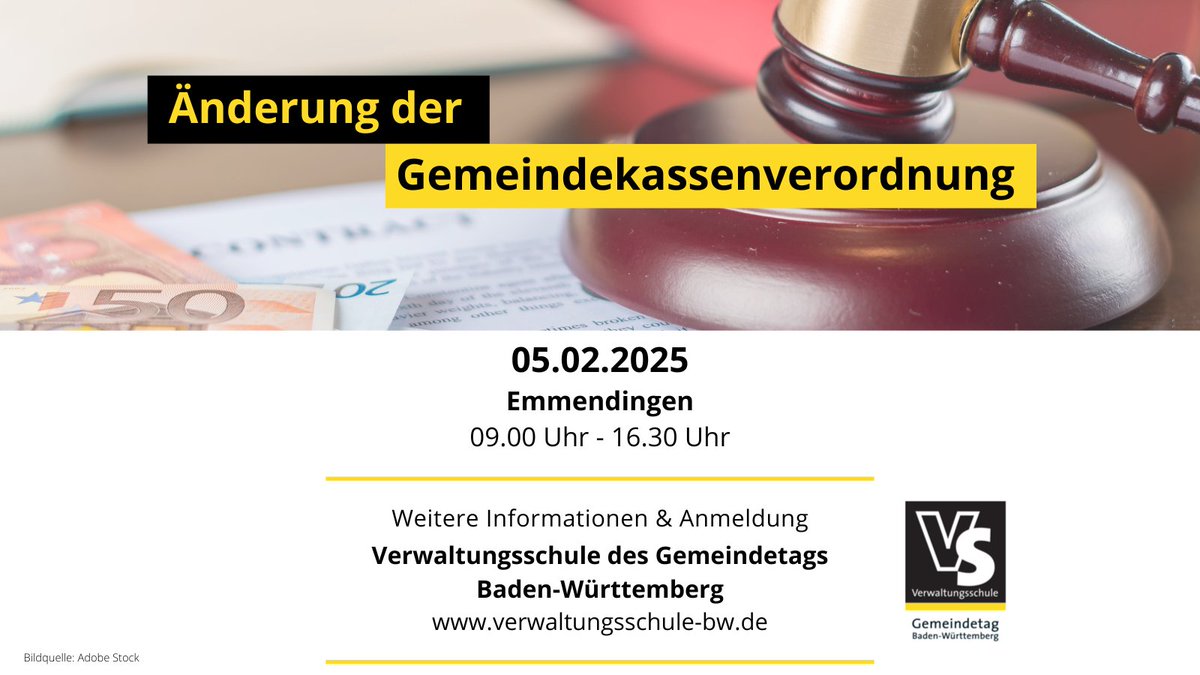 Das Seminar soll einen Einblick in die gesetzlichen Änderungen und damit verbunden in die notwendigen Anpassungen im Bereich der Gemeindekasse geben.
Mehr Informationen und Anmeldung unter verwaltungsschule-bw.de/veranstaltunge…