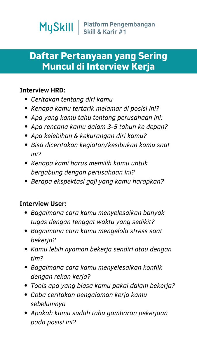 myskill_id's tweet photo. 💫Daftar Pertanyaan Interview yang Sering Muncul💫

Fresh graduate &amp; jobseeker wajib save buat latihan biar gak grogi pas interview nanti😎

Good luck🔥 https://t.co/9nloBzmjbJ