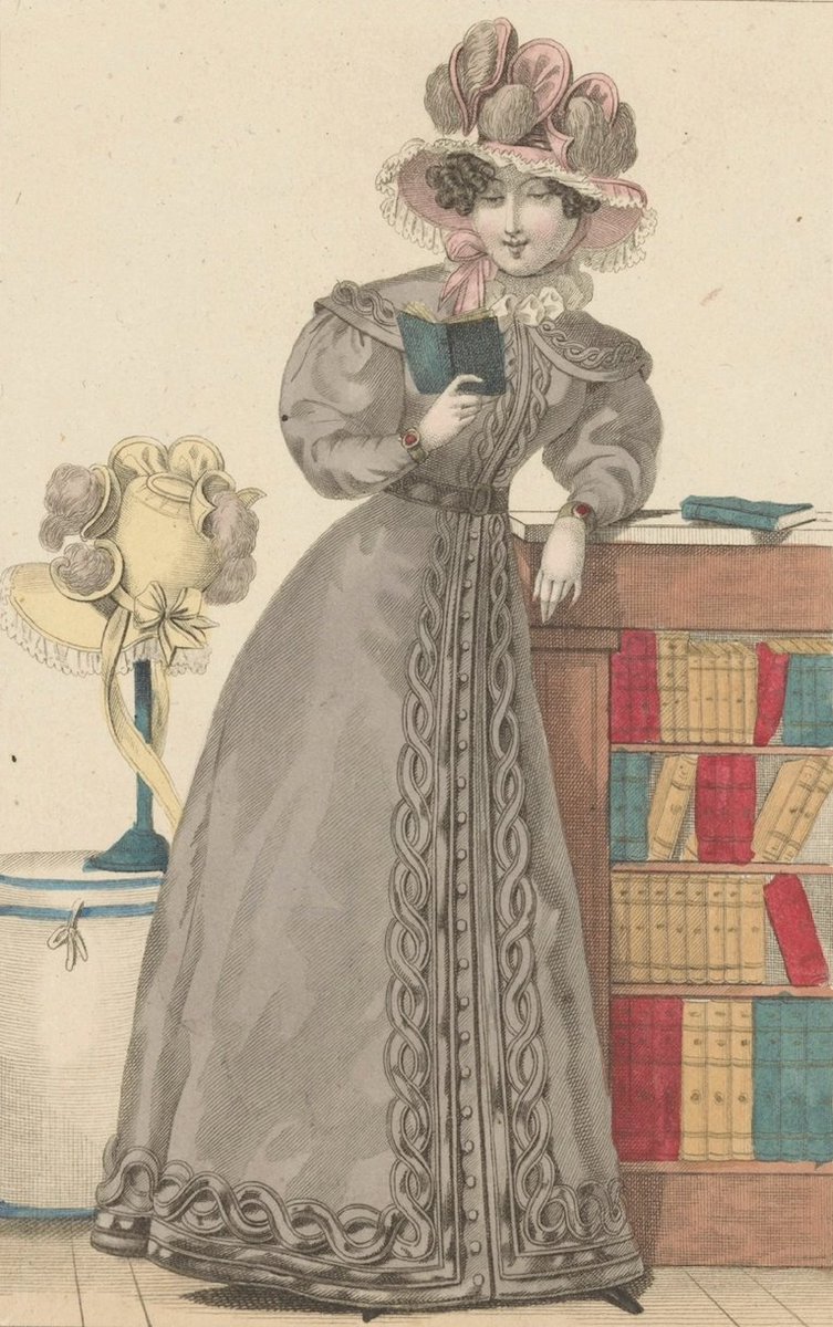 Lezende vrouw leunend op een boekenkast.
Anoniem, 1825.