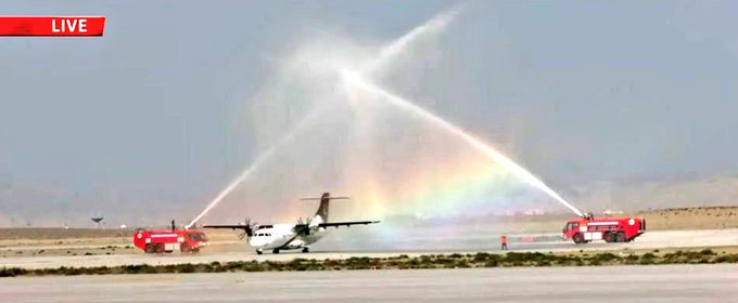 _southasiatimes's tweet photo. Islamabad Watch |

PIA flight PK-503, departing Karachi at 9:50 am, made history by landing at the newly-built Gwadar International Airport at 11:15 am. The aircraft was greeted with a ceremonial water-cannon salute, symbolizing this landmark moment.

Carrying senior aviation officials and regular passengers, the inaugural flight marked a milestone for Pakistan's national carrier, weeks after resuming Europe operations following a four-year ban.

Aviation Minister Khawaja Asif and Balochistan Chief Minister Sarfaraz Bugti were present at the event, personally welcoming passengers and highlighting the airport's role in boosting regional connectivity and development.