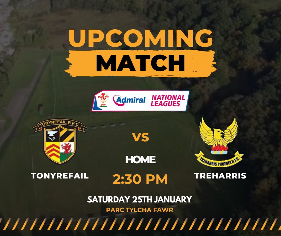 🚨FIXTURE ANNOUNCEMENT 🚨

We host Treharris this week in the league! The Phoenix took the spoils on their patch in November so the boys will be giving their all to to get some revenge! 

This will be yet another tough game so come along and show them you support 

🖤🧡