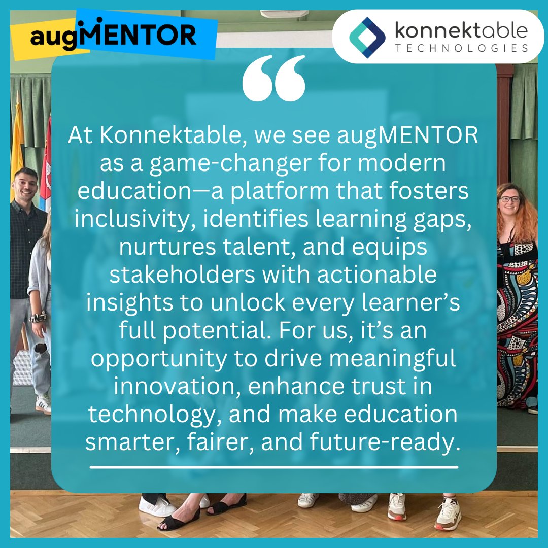 augMENTORproj's tweet image. 📢 Partner Spotlight: @Konnektable 

We’re proud to share the perspective of our partner, Konnektable, on the transformative power of the augMENTOR project. 🚀

#EdTech #augMENTOR #InnovationInEducation #FutureOfLearning #Collaboration #AI #education