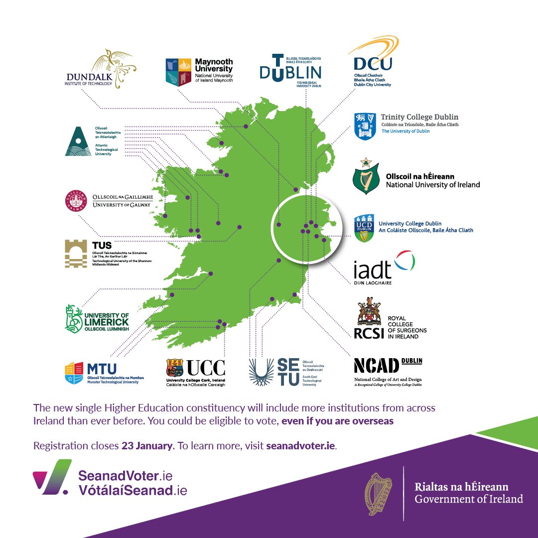Are you eligible to vote in the new Seanad Higher Education constituency? 

If you’re an Irish citizen with a degree from one of the included institutions, you could be eligible to vote, even if you are overseas. 

To learn more, visit 👉seanadvoter.ie
