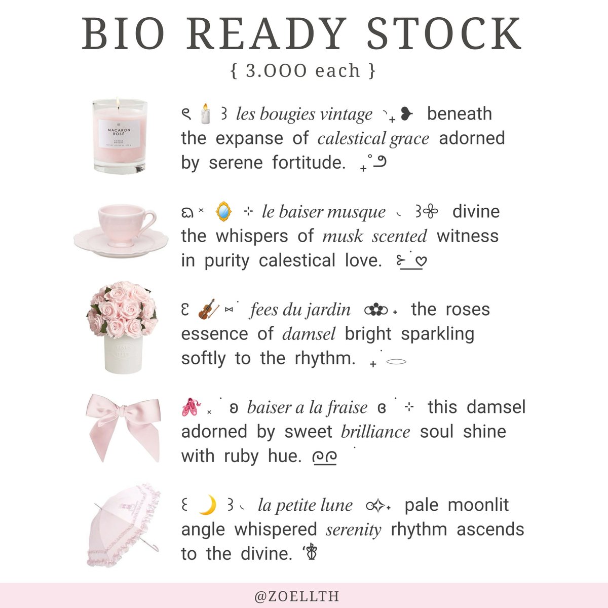 a retweet would be cherished! ♡____<

hello peeps . . . zozo bawa wording bio classy ready stock dengan harga 3k each, bisa dm aku sekarang jugaa! go grab yours 🍥🍨⭐️___ ^

[ #zonauang ]