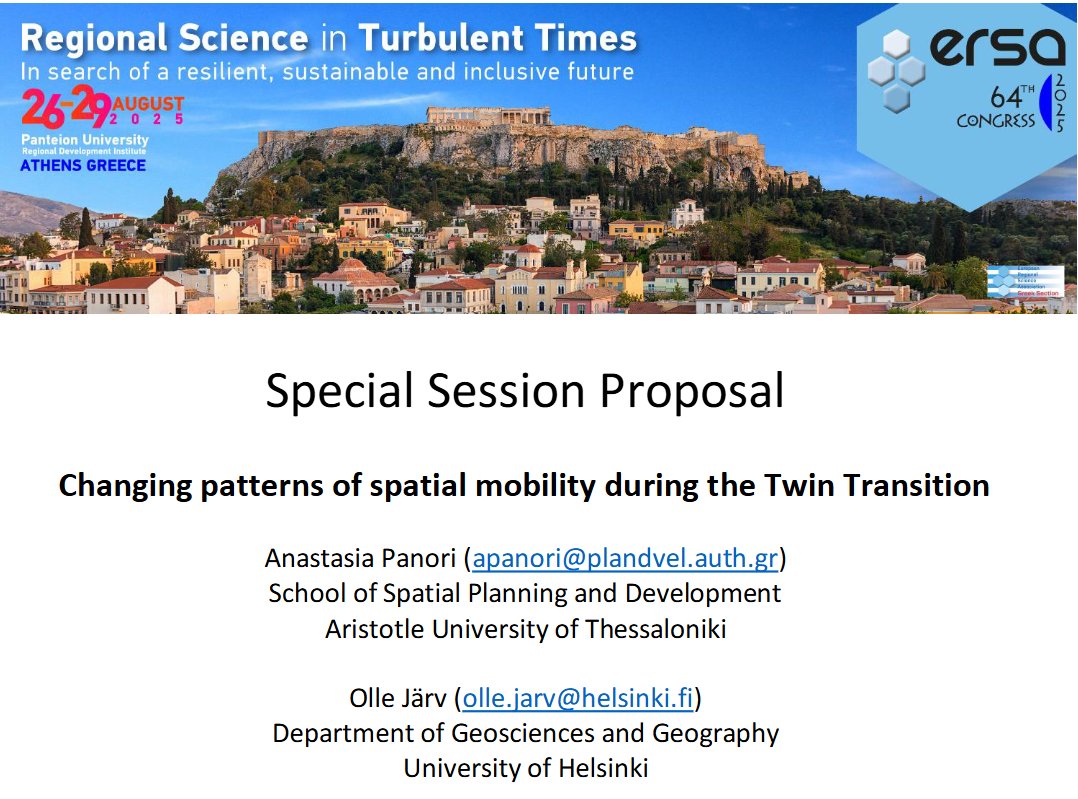 Anastasia Panori 🍀 (@an_panori) on Twitter photo 💡 Do you work on changing #patterns of #spatial #mobility and the #TwinTransition?
📢 Join our special session in #ERSA2025 in #Athens organized together with <a href="/OlleJarv/">Olle Järv 🇺🇦</a> under the <a href="/MobiTwinProject/">MOBI-TWIN</a> and <a href="/WinWin4WorkLife/">WinWin4WorkLife</a> projects.
az659834.vo.msecnd.net/eventsairweste… 💡 Do you work on changing #patterns of #spatial #mobility and the #TwinTransition?
📢 Join our special session in #ERSA2025 in #Athens organized together with <a href="/OlleJarv/">Olle Järv 🇺🇦</a> under the <a href="/MobiTwinProject/">MOBI-TWIN</a> and <a href="/WinWin4WorkLife/">WinWin4WorkLife</a> projects.
az659834.vo.msecnd.net/eventsairweste…