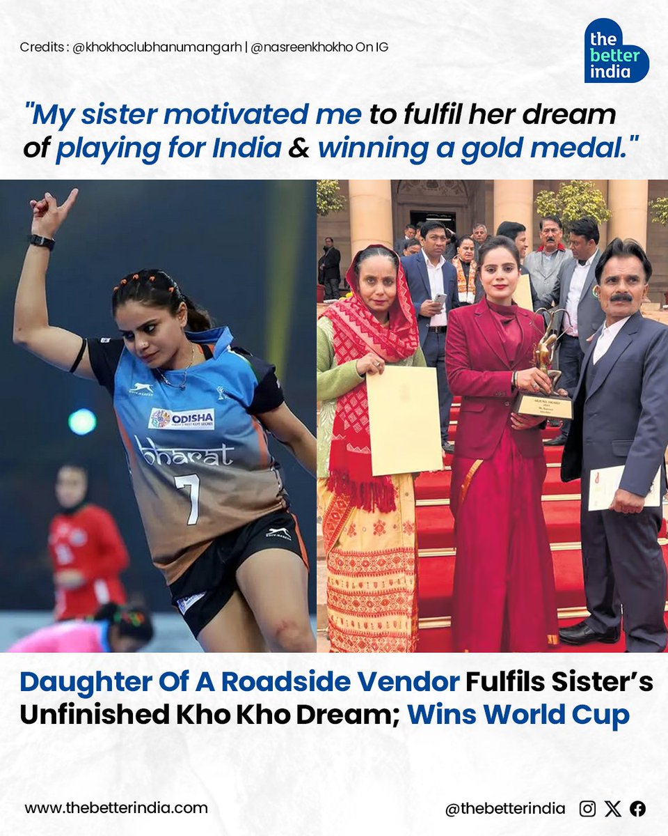 From the bustling flea markets of New Delhi, where her father sells utensils, to standing tall on the world stage, Nasreen Shaikh has shown that determination can break any barrier. 

@nasreenkhokho 

#KhoKhoWorldCup #NasreenShaikh #WomenInSports #InspiringJourney #ArjunaAward