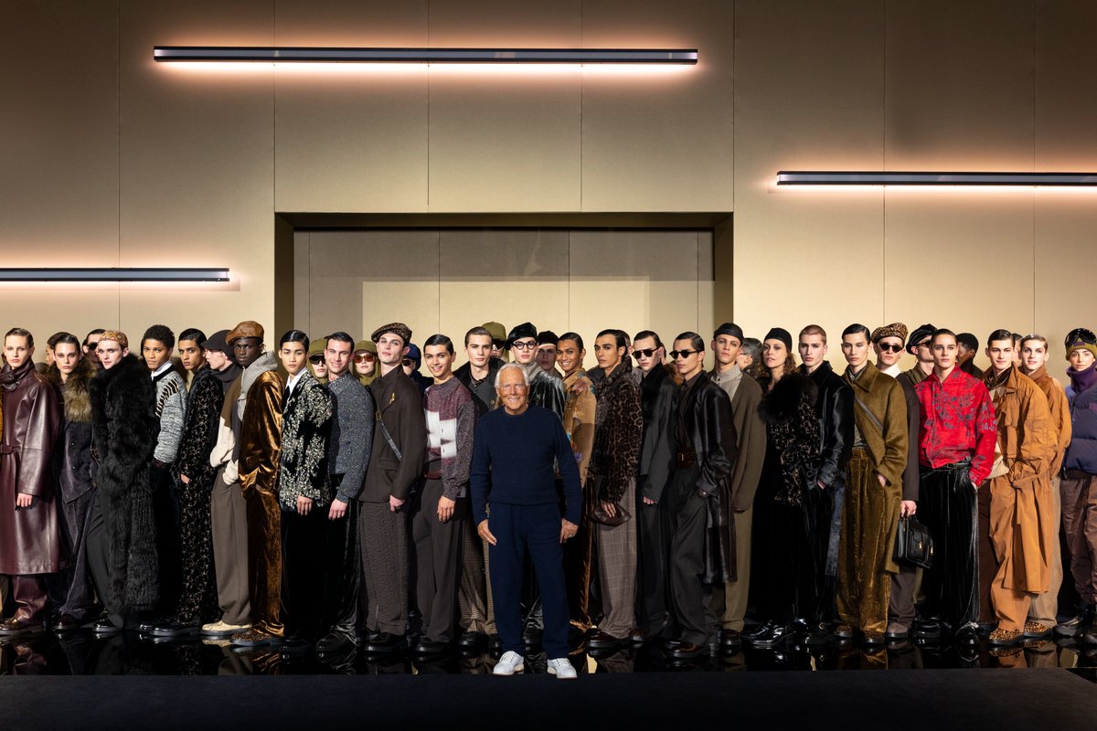 Mr Armani with models at Armani/Teatro during the Emporio Armani Men’s Fall Winter 2025-26 show.