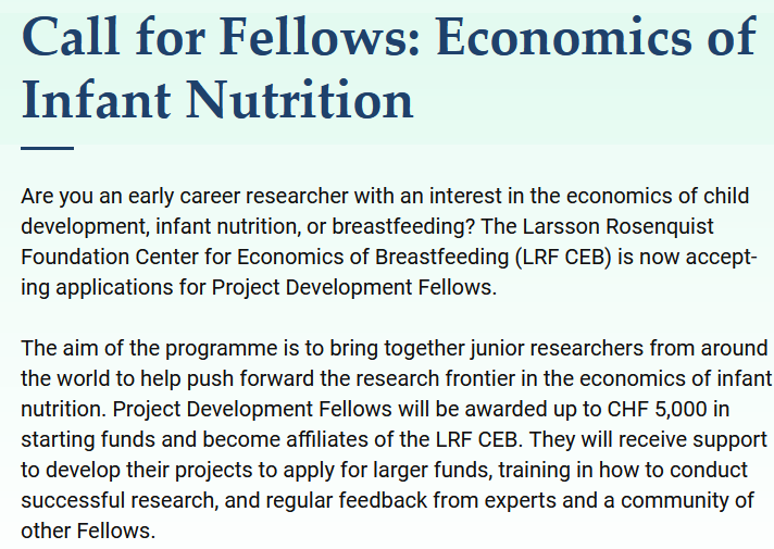 Devon Spika (@devonspika) on Twitter photo 📢 Unique #funding opportunity!
The LRF Center for Economics of Breastfeeding at <a href="/econ_uzh/">Economics at Zurich</a> has launched a Fellowship program. Young scholars can get funding (up to 5,000 CHF) & mentorship by faculty at the Center.
Deadline: 16 Feb 2025
More info: lrfc.uzh.ch/en/call-for-fe… 📢 Unique #funding opportunity!
The LRF Center for Economics of Breastfeeding at <a href="/econ_uzh/">Economics at Zurich</a> has launched a Fellowship program. Young scholars can get funding (up to 5,000 CHF) & mentorship by faculty at the Center.
Deadline: 16 Feb 2025
More info: lrfc.uzh.ch/en/call-for-fe…