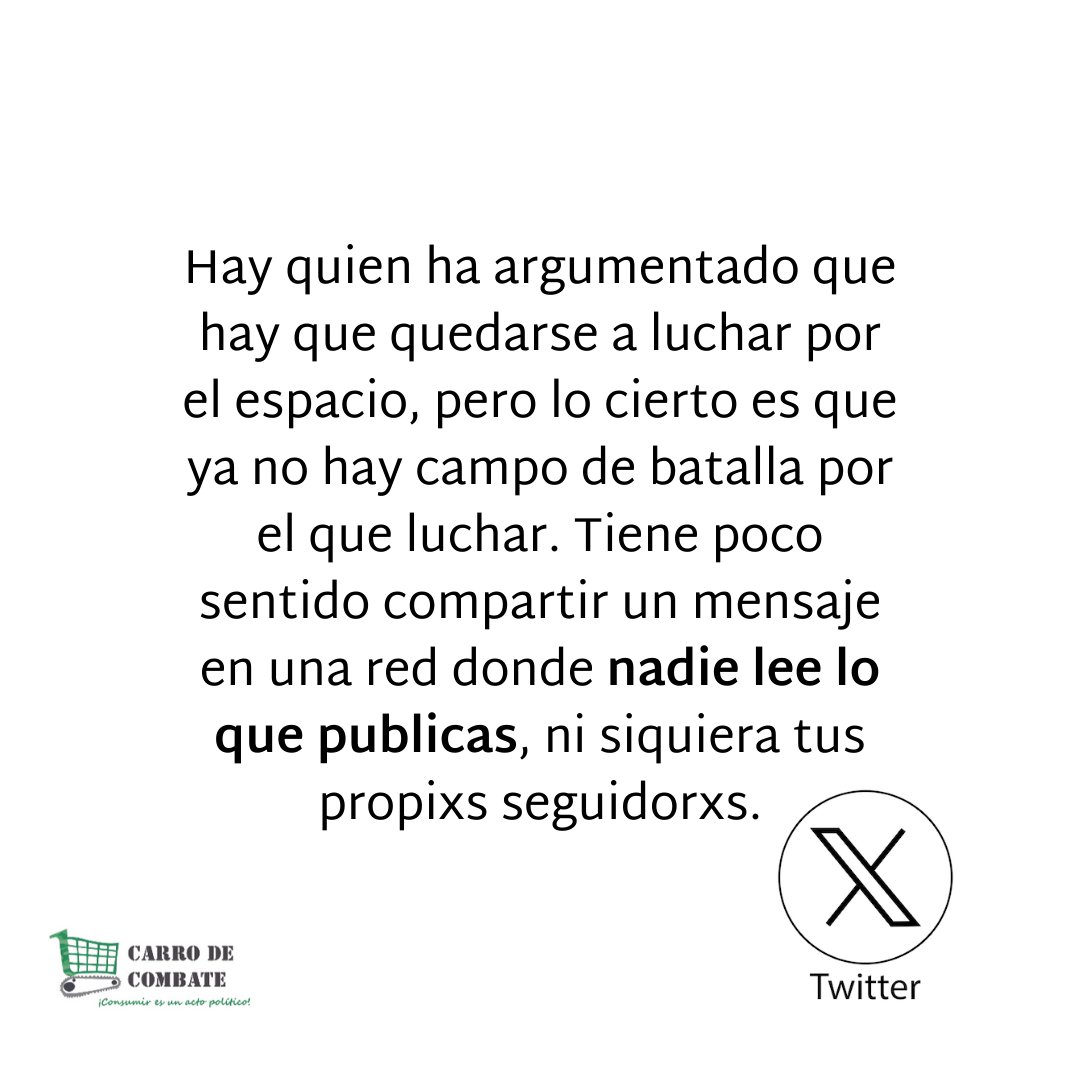 Carro de combate (@carrocombate) on Twitter photo Nos sumamos al #vamonosjuntas y nos vamos de X (antes Twitter).
Y os lo contamos para contaros nuestras razones (que van más allá de que Elon Musk sea el dueño, y que tienen mucho que ver con el cambio de reglas del juego) y para que nos podáis seguir en las otras redes en las Nos sumamos al #vamonosjuntas y nos vamos de X (antes Twitter).
Y os lo contamos para contaros nuestras razones (que van más allá de que Elon Musk sea el dueño, y que tienen mucho que ver con el cambio de reglas del juego) y para que nos podáis seguir en las otras redes en las