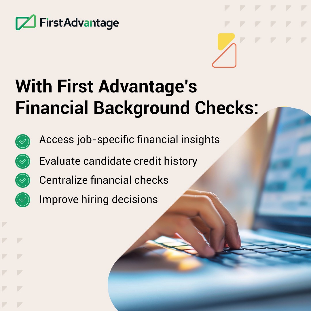 FADVIndia's tweet photo. Hiring for roles with fiduciary responsibilities demands deeper insights. #FirstAdvantage’s Financial Background Check services help you evaluate candidate credit history and financial health.
Explore our solutions to streamline your hiring process: : https://t.co/LCwoTdtSP2 https://t.co/J5tZdqxxt8