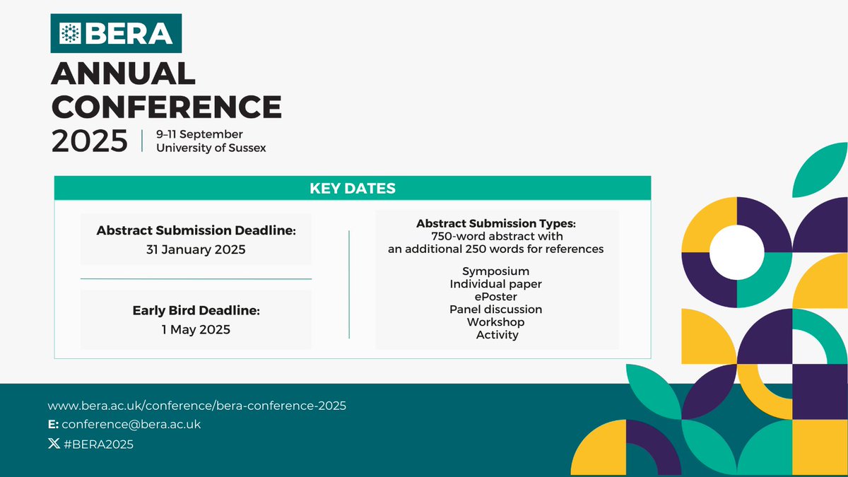 Abstract submission closes 31st January! 🚨

For our BERA 2025 Annual Conference we make a welcome return to Brighton! 

🗓️ 9-11 September 2025
📍University of Sussex
#BERA2025

Find out more on how to submit abstract: bera.ac.uk/conference/ber…