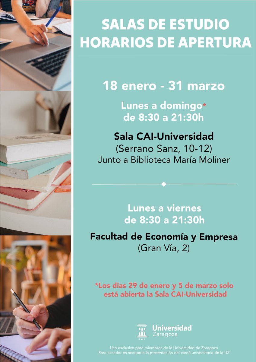 El <a href="/VrestUnizar/">Vicerrectorado Estudiantes y Empleo | UZ</a> ya tiene listas las #salasdeestudio para ti para este nuevo trimestre. 
Esperamos que hayas triunfado en tus exámenes. 
Ánimo, que el tiempo pasa volando. Lleva al día los contenidos de tus asignaturas y asimila los conocimientos con tiempo. 
#UnizarPendientedeTi
