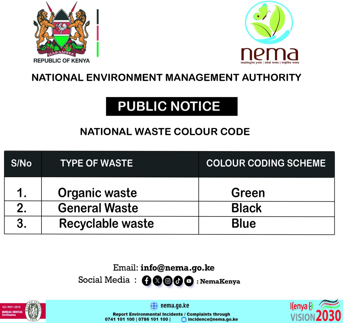 National waste colour code as outlined in the Environmental Management and Coordination (Waste Management) Regulations, 2024.