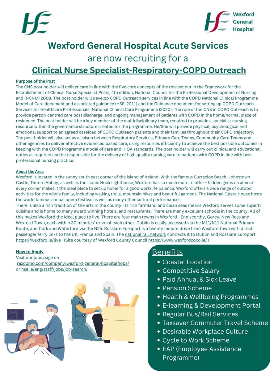 Edward Long - HRM WGH (@edwardl60213794) on Twitter photo Job opportunity! <a href="/WexGenHosp/">Wexford General Hospital</a> as part of <a href="/HSEDubSouthEast/">HSE Dublin and South East</a> Region is currently recruiting for the post of CNS Respiratory, COPD Outreach.
Deadline for receipt of completed application forms is Tuesday 04th February 2025 @ 09:00 a.m.
Further information @ rezoomo.com/job/74713/ Job opportunity! <a href="/WexGenHosp/">Wexford General Hospital</a> as part of <a href="/HSEDubSouthEast/">HSE Dublin and South East</a> Region is currently recruiting for the post of CNS Respiratory, COPD Outreach.
Deadline for receipt of completed application forms is Tuesday 04th February 2025 @ 09:00 a.m.
Further information @ rezoomo.com/job/74713/
