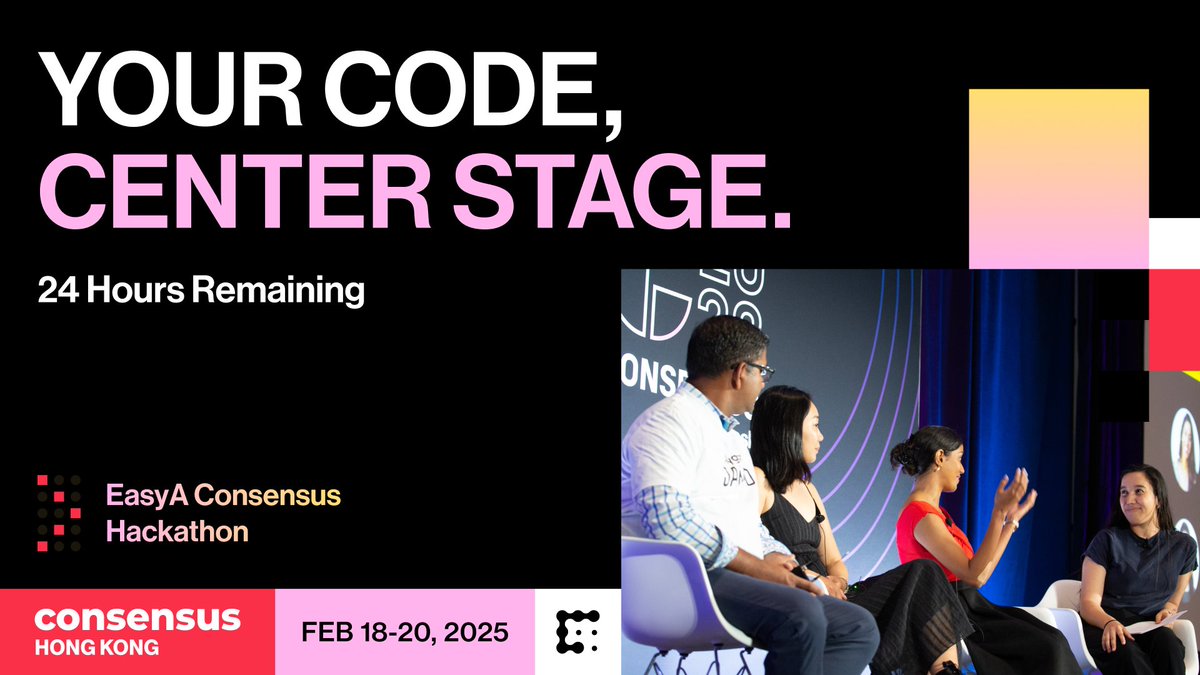 ⏰ Do you want to build alongside Web3's most promising devs at #ConsensusHK?

The <a href="/easya_app/">EasyA 🤳📱</a> Hackathon connects developers from across the globe directly to VCs, protocols and a Mainstage audience.

24 hours until the deadline. Apply now: go.coindesk.com/3C2CbDL