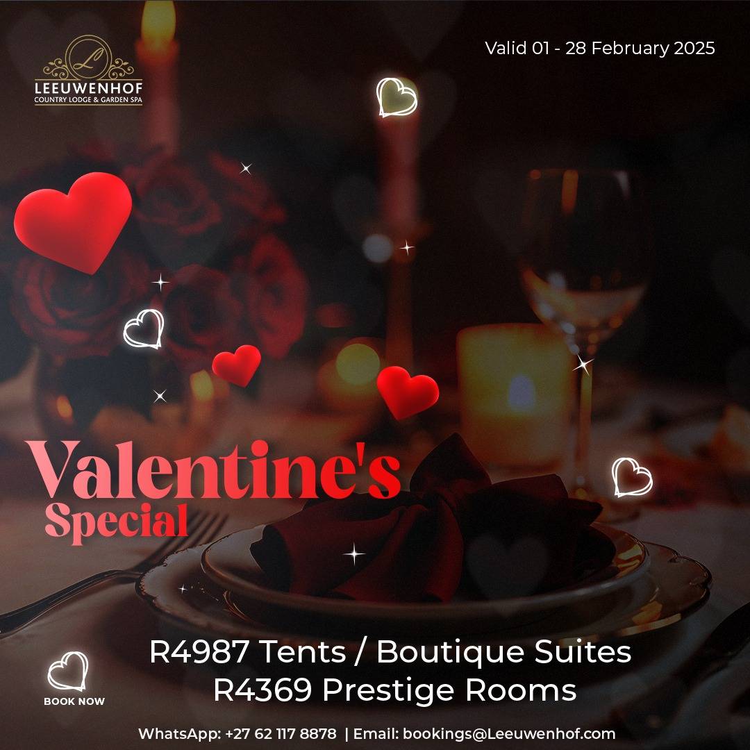 Indulge in romance this Valentine's at Leeuwenhof Country Lodge &amp; Garden Spa!

💖 Tents / Boutique Suites – R4987
💖 Prestige Rooms – R4369

 Offer valid from 01 - 28 February 2025.
#ValentinesSpecial  #LeeuwenhofLodge