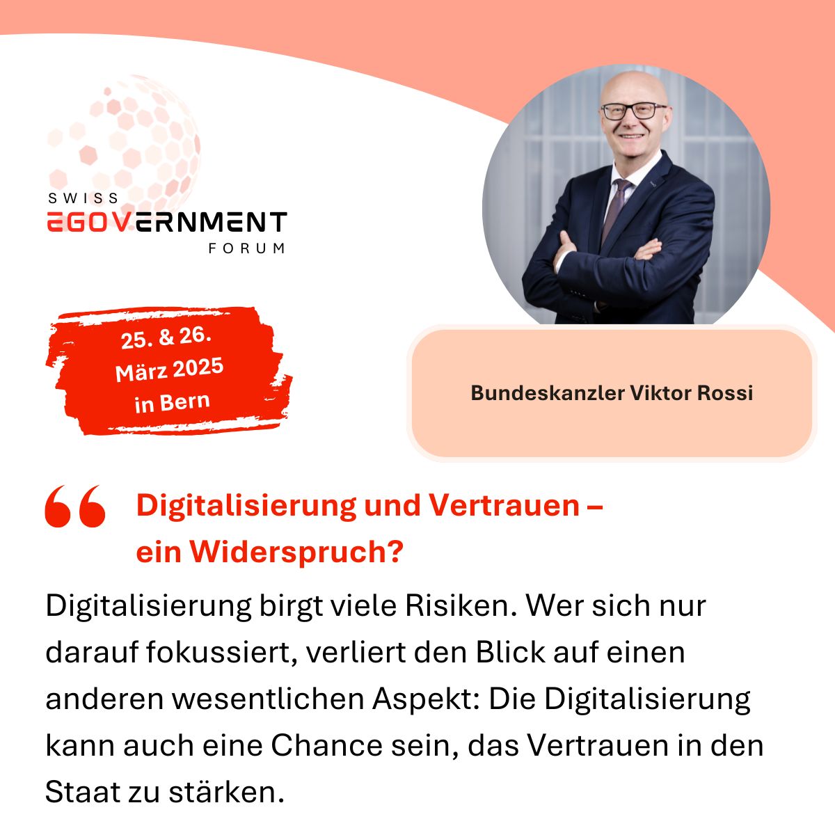 Wir freuen uns, Bundeskanzler Viktor Rossi als Keynote Referent am Swiss eGovernment Forum 2025 zu begrüssen. Entdecken Sie das Programm und sichern Sie sich noch heute Ihr Ticket: buff.ly/3MwBwdI

#egov #digitaleverwaltung #Gemeinde #Behörden #Stadt #Kanton #Bund
