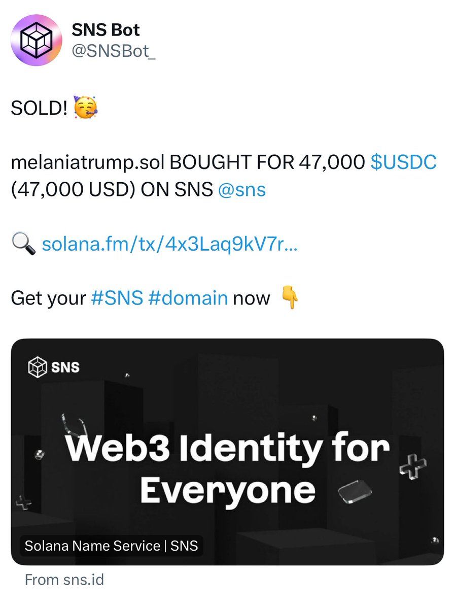 🚨BREAKING: <a href="/sns/">sns.sol 🇭🇰 Consensus</a> DOMAIN MELANIATRUMP.SOL SELLS FOR $47,000!!!🚨