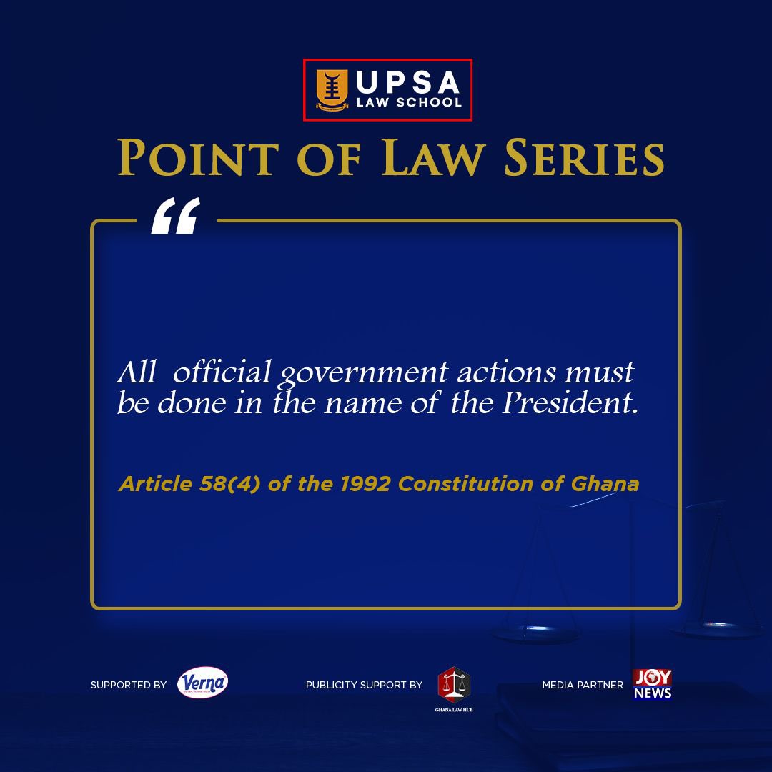 UPSALawSchool's tweet photo. Article 58(4) of the 1992 Constitution of Ghana demands that, all official government actions be done in the name of the President.
Learn with us.
#UPSA #UPSALawSchool #PointofLaw #President #Ghana #Law #PostElections https://t.co/e9jPMHgmD5