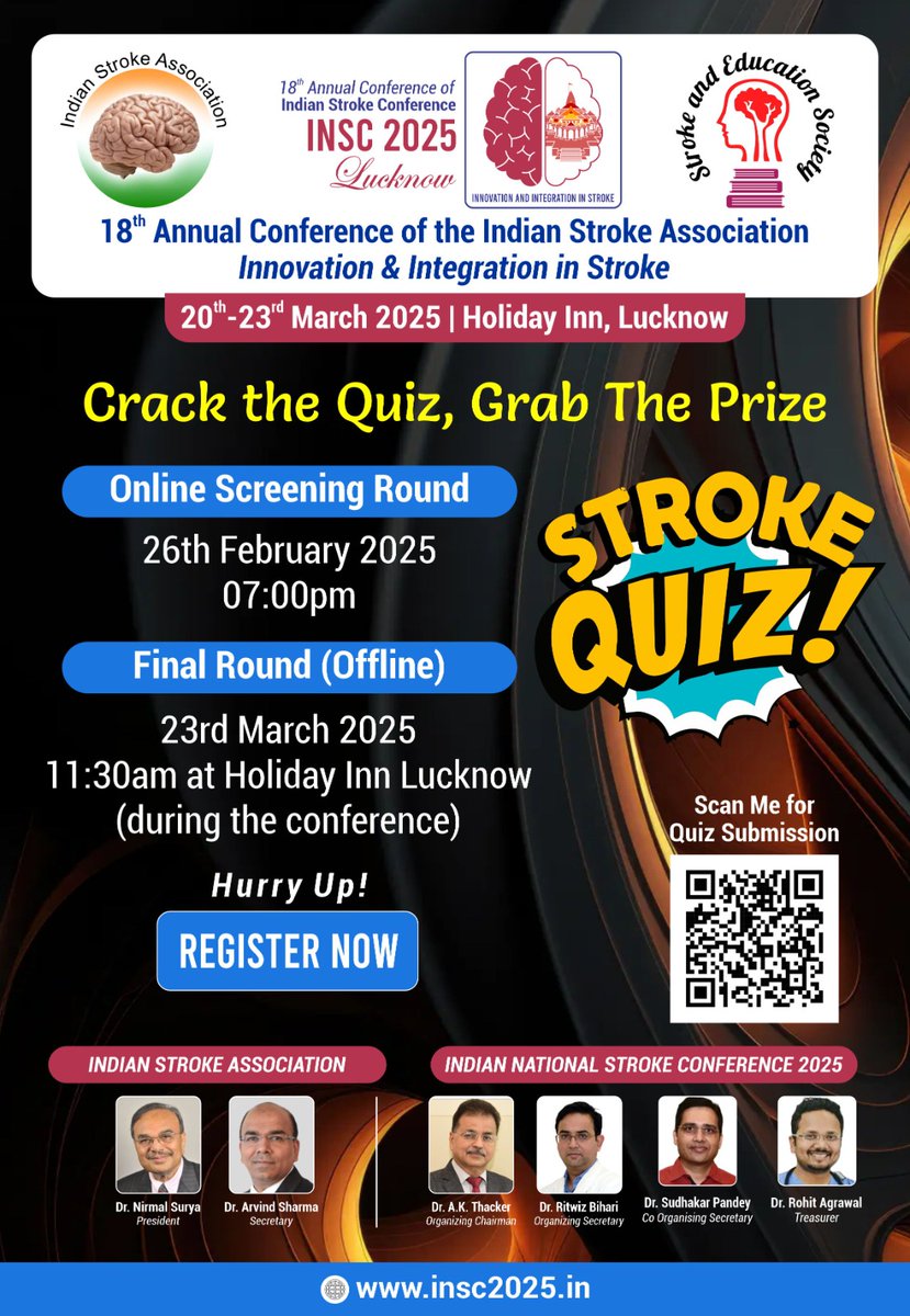 Sharpen your skills and join the race!🏁🤩
.
.
The Stroke Quiz is here. Don’t miss your chance to shine at INSC 2025!✨️✨️
.
.
Scan the QR Code for Submission😊😊
#helathylifestyle #MedicalResearch #doctorcare #neurology #luckhnow #medicalexperts