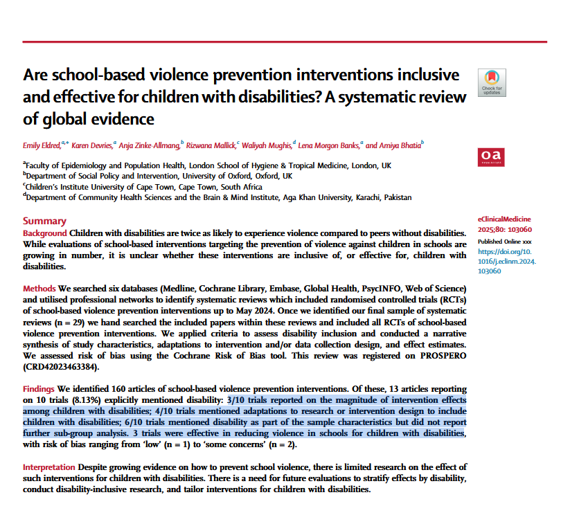 Globally, only 3⃣ trials exist that report on effectiveness of school-based violence prevention or children with disabilities 

Lots more to learn here on a very challenging intersection!

<a href="/Emily_Eldred/">Emily Eldred</a> <a href="/MallickRizwana/">Rizwana Mallick</a> <a href="/amiyabhatia/">Amiya Bhatia</a> &amp; co in <a href="/eClinicalMed/">eClinicalMedicine – The Lancet Discovery Science</a> 

sciencedirect.com/science/articl…