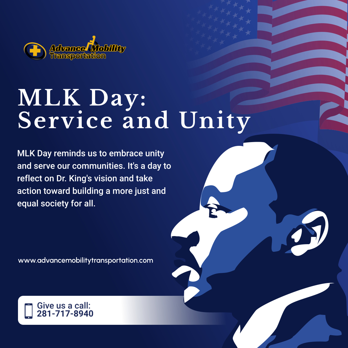 advancemtranspo's tweet image. Honor MLK by serving your community and promoting unity. Let’s work together to continue his dream of equality and justice for all. 

#MLKDay #ServiceAndUnity #MLKLegacy