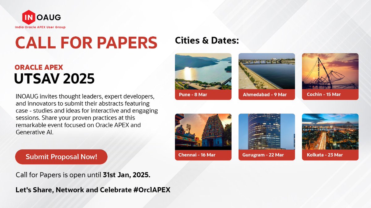 INOAUG (@inoaug) on Twitter photo 🌟 Call for Papers: Oracle APEX Utsav 2025 🌟Submit your proposals to present at India’s premier APEX event. 🚀
📥 Submit by 31-Jan-2025
Click here: bit.ly/CFP_Utsav25
#Oracle #orclAPEX #oracleACE #GenAI #ASEAN #OracleCloud #OracleCloudERP #OracleFusion
<a href="/WomenInAPEX/">Women in APEX</a> 🌟 Call for Papers: Oracle APEX Utsav 2025 🌟Submit your proposals to present at India’s premier APEX event. 🚀
📥 Submit by 31-Jan-2025
Click here: bit.ly/CFP_Utsav25
#Oracle #orclAPEX #oracleACE #GenAI #ASEAN #OracleCloud #OracleCloudERP #OracleFusion
<a href="/WomenInAPEX/">Women in APEX</a>