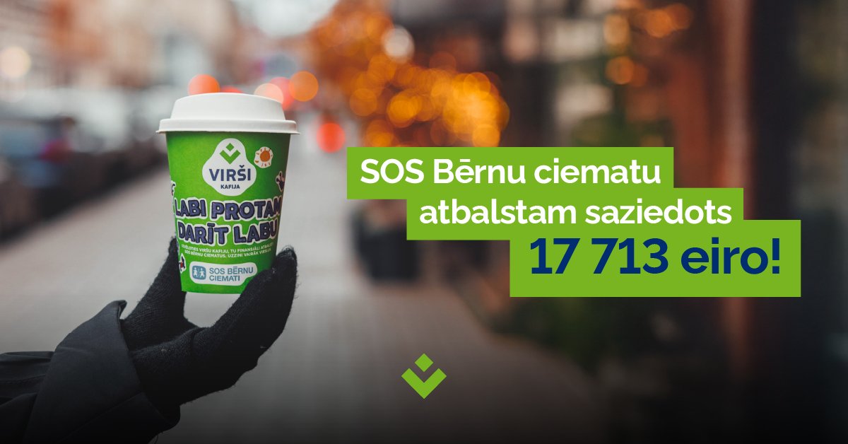 VIRŠI (@virsi_a) on Twitter photo Veiksmīgi noslēgusies Viršu un <a href="/sosbernuciemati/">SOS bērnu ciemati</a> kopīgā labdarības kampaņa “Labi protam darīt labu” – ir saziedoti 17 713,26 eiro! 💚 Šī summa pilnā apmērā tiks izmantota programmas “Piedzimstot bērniņam” atbalstam. Uzzini vairāk: virsi.lv/lv/par-mums/me… Veiksmīgi noslēgusies Viršu un <a href="/sosbernuciemati/">SOS bērnu ciemati</a> kopīgā labdarības kampaņa “Labi protam darīt labu” – ir saziedoti 17 713,26 eiro! 💚 Šī summa pilnā apmērā tiks izmantota programmas “Piedzimstot bērniņam” atbalstam. Uzzini vairāk: virsi.lv/lv/par-mums/me…