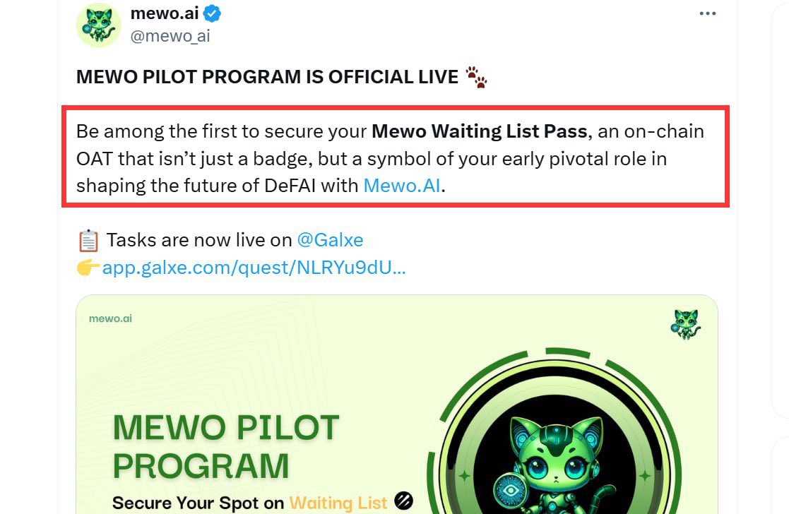 New airdrop: MewoAI (FCFS 10,000)
Reward: 1 NFT Pass 
Distribution date: After claim

🔗 Airdrop Link: app.galxe.com/quest/NLRYu9dU…

-Connect your Metamask address
-Complete All tasks of the airdrop
-Click to Check this Quiz Answers
t.me/AirdropKingNew…

-Be Among the first to