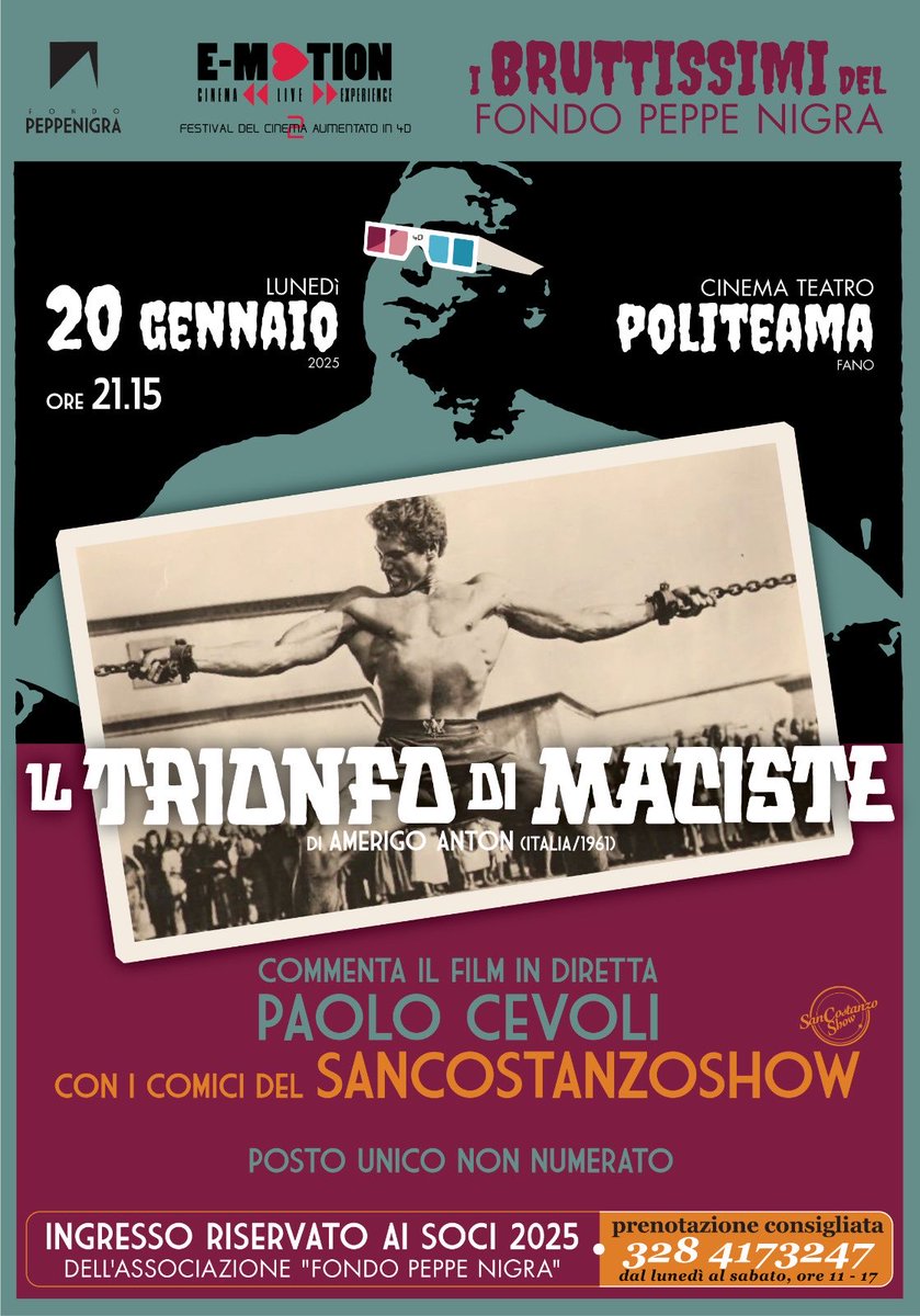 Oggi è il grande giorno!
Paolo Cevoli e il San Costanzo Show si incontrano per un esperimento comico unico, a sostegno del ⁦<a href="/fondopeppenigra/">Fondo Peppe Nigra</a>⁩ Preparatevi a vivere un'esperienza comica  in 4D* con il film "Il Trionfo di Maciste"un capolavoro del 1961 ⁦<a href="/viverefano/">Vivere Fano</a>⁩