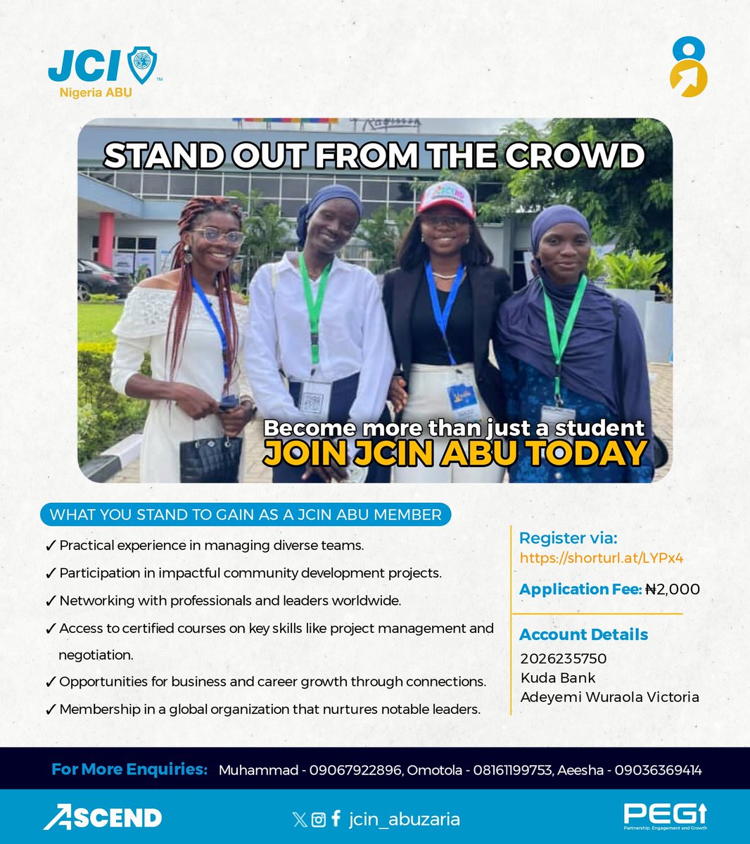 Be Part of the Change – Join JCIN ABU Today!

Unlock your potential, build leadership skills, and create lasting impact with Junior Chamber International Nigeria, Ahmadu Bello University, Zaria.

Join a vibrant community of young leaders committed to driving positive