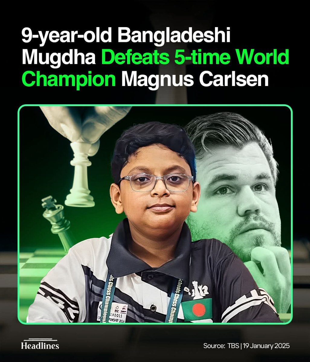 RusselMP's tweet photo. 🇧🇩 Ryan Rashid Mugdha, a 9-year-old chess prodigy from Bangladesh, made history by defeating five-time world champion Magnus Carlsen in an online "bullet" chess match yesterday. This remarkable feat, achieved through the website chess. com, has brought immense pride to Bangladesh https://t.co/Xhkxrsv8Fd