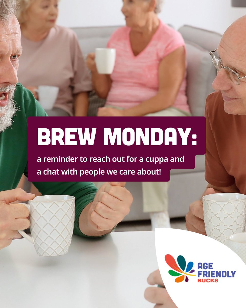 Age UK Buckinghamshire (@ageukbucks) on Twitter photo We’re joining the #BrewMonday campaign from <a href="/samaritans/">Samaritans</a> encouraging us all to reach out for a cuppa and a catch-up.
If you need additional support, take a look at Talking Therapies: oxfordhealth.nhs.uk/bucks-talking-… from <a href="/BucksHealthcare/">Buckinghamshire Healthcare NHS Trust</a>.
#BlueMonday #OlderPeople #AgeFriendly We’re joining the #BrewMonday campaign from <a href="/samaritans/">Samaritans</a> encouraging us all to reach out for a cuppa and a catch-up.
If you need additional support, take a look at Talking Therapies: oxfordhealth.nhs.uk/bucks-talking-… from <a href="/BucksHealthcare/">Buckinghamshire Healthcare NHS Trust</a>.
#BlueMonday #OlderPeople #AgeFriendly