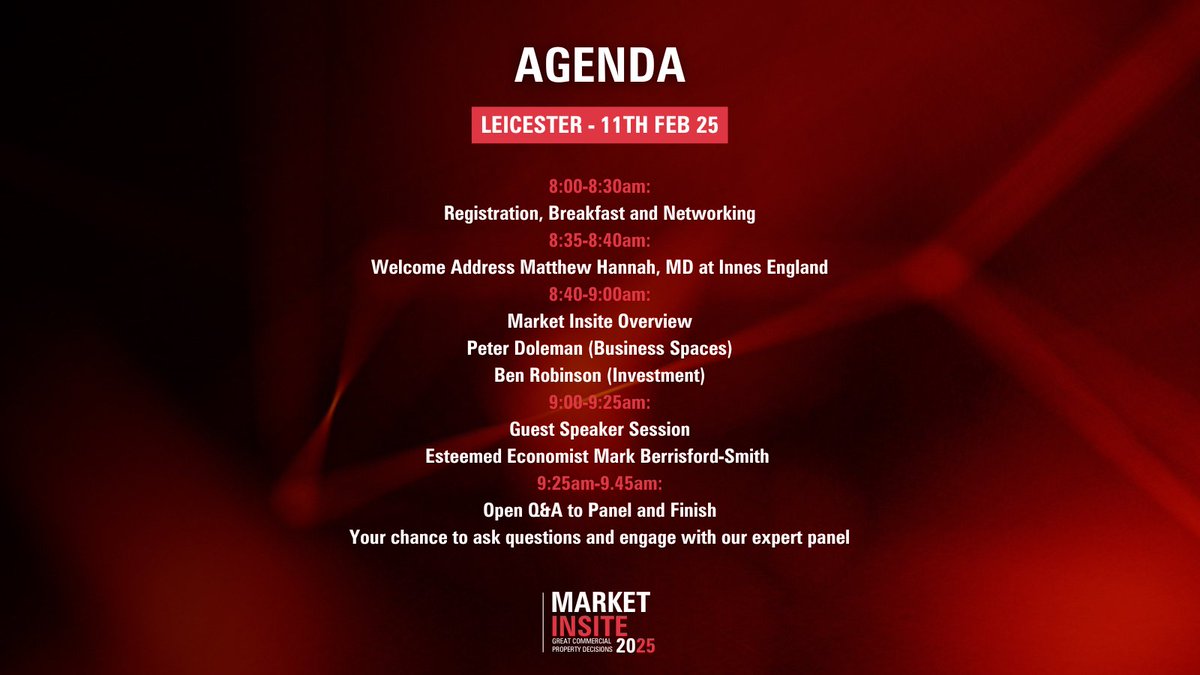 #MarketInsite 2025 Agenda

Join us for an insightful morning of economic updates, industry expertise &amp; networking.

✅ Breakfast &amp; networking
✅ Regional market overview
✅ Keynote by #economist Mark Berrisford-Smith
✅ Expert panel Q&amp;A

Secure your spot: forms.office.com/e/LUuzFUU6Hj