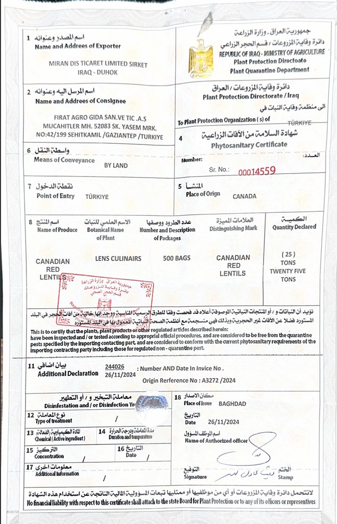 🚫Ağrı Zirai Karantina Müdürlüğünde görevli <a href="/inspektorler/">İnspektörler 🇹🇷</a> 'imizin dikkati sayesinde sahte BSS ile ülkemize girişi yapılmak istenen 📷 Irak menşeli 50.000 kg kırmızı mercimek mahrecine iade edilmiştir. #gidagüvenilirligi #karantina #kontrol
<a href="/TCTarim/">T.C. Tarım ve Orman Bakanlığı</a> <a href="/ibrahimyumakli/">İbrahim Yumaklı</a> <a href="/AhmetGumen/">Ahmet GÜMEN</a>