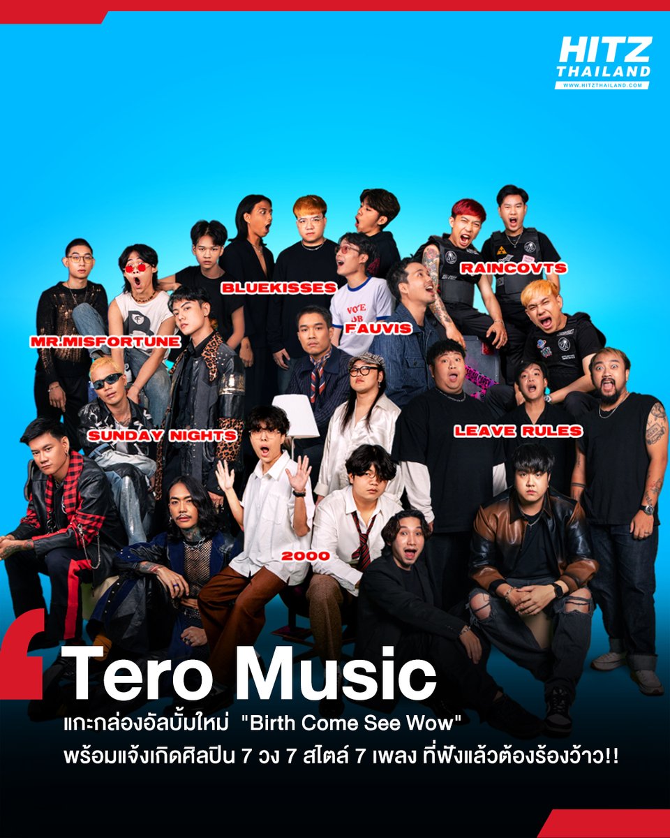 HITZThailand's tweet photo. 'Tero Music' ประเดิมต้นปี! แกะกล่องอัลบั้มใหม่ 'Birth Come See Wow' พร้อมแจ้งเกิดศิลปิน 7 วง 7 สไตล์ 7 เพลง ที่ฟังแล้วต้องร้องว้าว!!

อ่านต่อทาง : https://t.co/1NvHxG5n9W

#HITZThailand #AllTheHits #HITZNews
#BirthComeSeeWow #TeroMusic #Sundaynights #Bluekisses #2000twothousand
#LeaveRules #MrMisfortune #RAINCOVTS #Fauvis