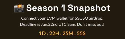 Connect your EVM wallet for $SOSO airdrop! Ends Jan 22 UTC 8am. 👀

<a href="/SoSoValueCrypto/">SoSoValue</a>