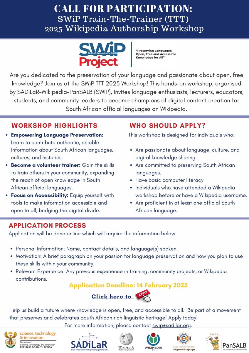 Join the SWiP TTT 2025 Workshop, a collaborative initiative by SADiLaR-Wikipedia-PanSALB (SWiP). We invite language enthusiasts, educators &amp; community leaders to become digital content ambassadors for SA's official languages on Wikipedia.

Apply here: bit.ly/4hiQRxy
