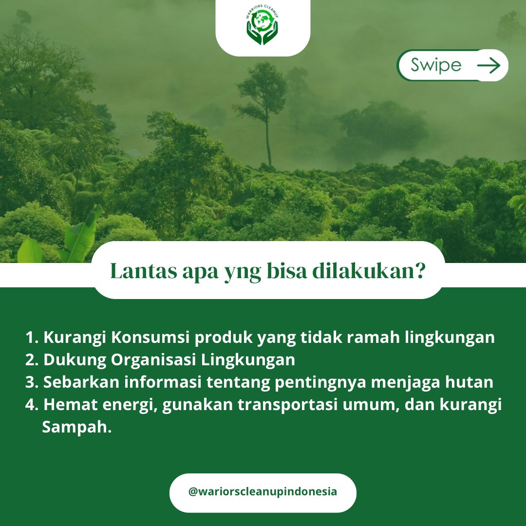 warriorscleanup's tweet photo. Setiap menit, satu lapangan hutan hujan hilang. Habitat musnah, iklim kacau, dan kehidupan terancam. 🌏

Ayo kurangi produk tak ramah lingkungan, dukung gerakan hijau, dan jaga hutan untuk masa depan!

#SaveTheRainforest #JagaHutan https://t.co/WQsUI0hhqT