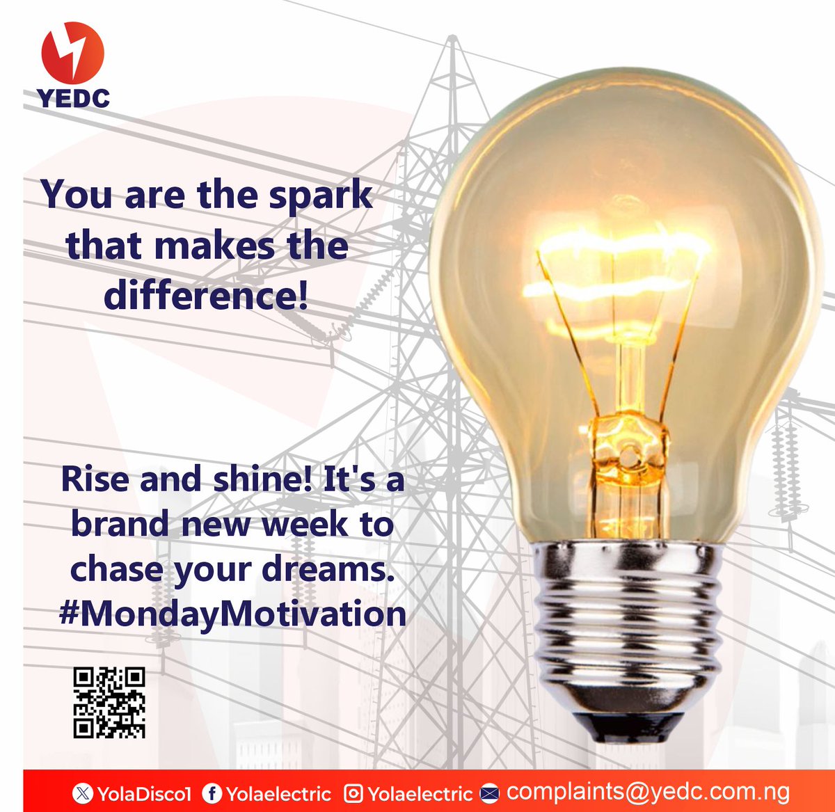 YolaDisco1's tweet image. It&apos;s a brand-new week to chase your dreams, and we are here to support your passion to shine brighter.
Customer Care team at: 📲07000422559, 📧 Complaints@yedc.com.ng 
💡💡💡💡 
#YEDC
#Adamawa
#Borno
#Taraba
#Yobe
#WeAreHereToServe.