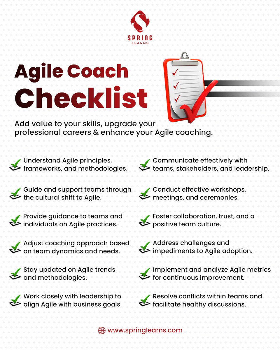 spring_learns's tweet photo. 🚀 Agile Coach Success Checklist 🚀
1️⃣ Embrace Agile.
2️⃣ Guide shifts.
3️⃣ Tailor coaching.
4️⃣ Stay updated.
5️⃣ Align goals.
6️⃣ Foster collaboration.
7️⃣ Lead workshops.
8️⃣ Solve challenges.
9️⃣ Track growth.
🔟 Resolve conflicts
#agilecoach #scrumcoach #springlearns https://t.co/CDi1jaAiRd